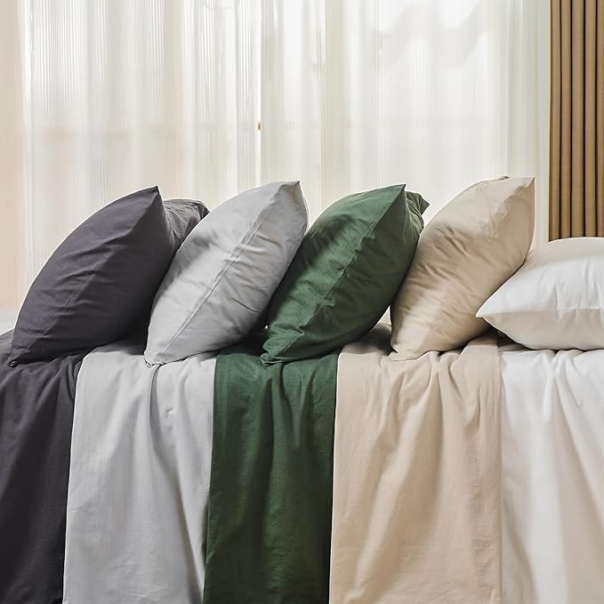 MEISHANG 100% French Pure Linen Sheets Queen Size - Bed Sheets 4 Piece Sets, Soft Durable Flax Linen, Anti-Tear Breathable Oeko-Tex Certified with 16" Deep Pocket (Dusty Blue)