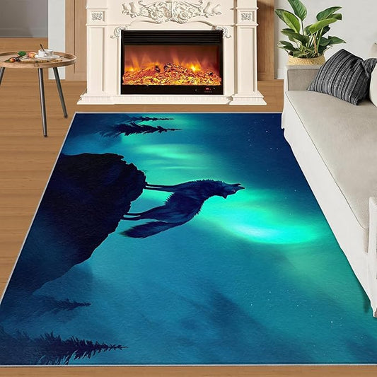 Wolf 4x6 Area Rugs for Living Room -Forest Washable Rug Aurora Non-Slip Carpet Indoor Floor Stain Resistant Thin Carpets for Bedroom Dining Room Home Office