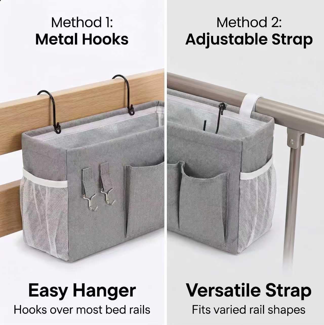 2pc Bedside Caddy Organizer with Hooks, No-Sagging Canvas Hanging Bed Pocket with Water Bottle Holder, Bedside Storage for Dorm Room Essentials, Bunk Bed Accessories, Hospital Bed Rails & Crib (gray)