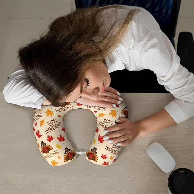 Neck Pillow Memory Foam Travel Pillows Comfortable for Airplane Flight Car Travel Office Nap and Sleeping, Funny Cushion for Head Shoulder Thanksgiving Fall Leaf Funny Turkey