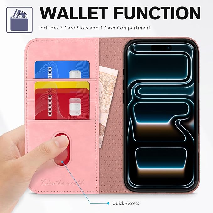 TUCCH Case Wallet for iPhone 17 Pro Max (6.9") 2025, RFID Blocking 3 Card Holders | Kickstand | PU Leather | Protective Flip Folio Cover | TPU Shockproof Interior Shell | Pink