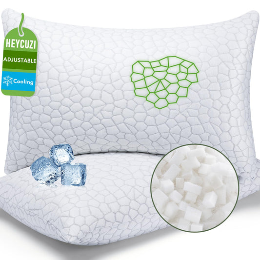 HEYCUZI Pillows Queen Size Set of 2 - Cooling Shredded Memory Foam Pillow for Sleeping 2 Pack, Adjustable Cool Bed Pillows for Side, Back, and Stomach Sleepers, Gel Pillow Washable Removable Cover