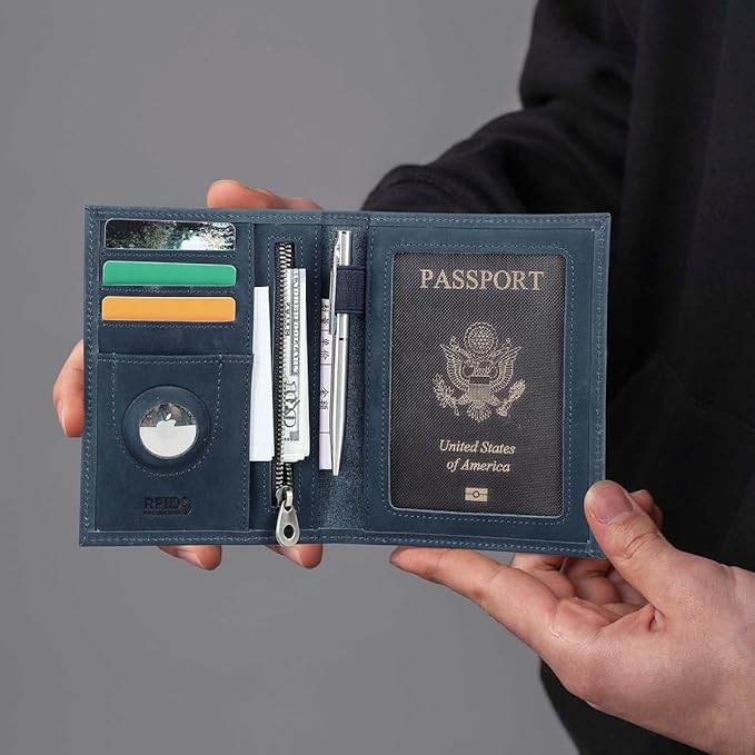 CONTACTS Full Grain Leather Airtag Passport Holder RFID Blocking Travel Passport Wallet Slim Passport Cover Case with 4 Card Slots, Coin Pocket (US Passport Stamp, Blue)