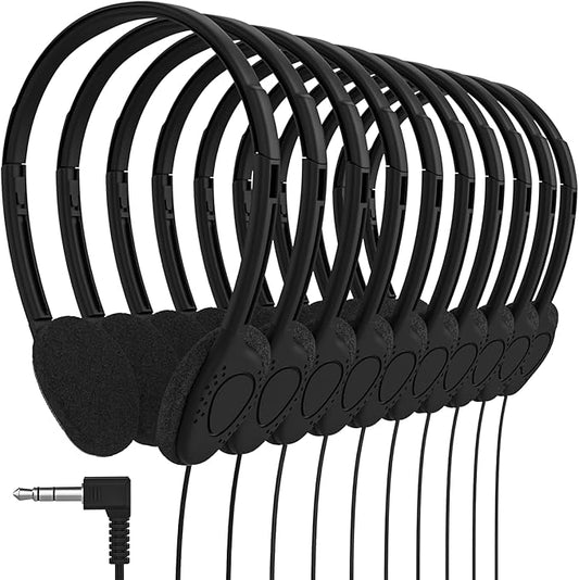 Maeline Bulk Classroom Student Headphones On Ear Stereo Headphones Flexible Adjustable Band for Kids Online Learning, Library, School, Airplane, Travel - 3.5mm Plug - 300 Pack - Black