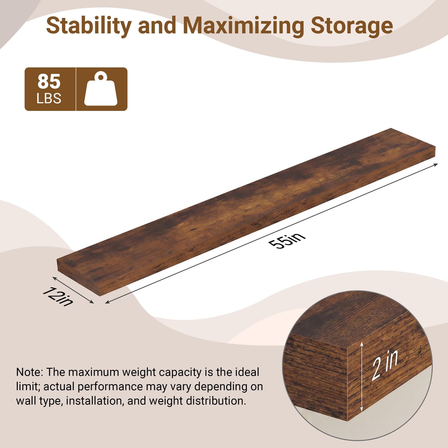 Feihorrm 55 Inch Floating Shelves, 12 Inch Deep Floating Shelves for Wall, Extra Deeper & Thicker Wooden Wall Shelf with Invisible Brackets, Shelf for Bedroom Home Decor（Rustic Brown, Set of 2）