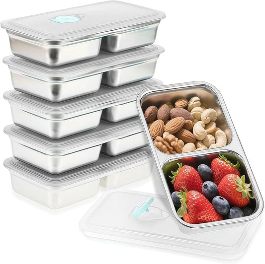BSTUR 6Pcs 304 Stainless Steel Snack Containers, 30 oz 2 Compartments Portable Food Storage Bento Boxes with Leakproof Lids, Divided Meal Prep Lunch Box Food Container Dishwasher Safe