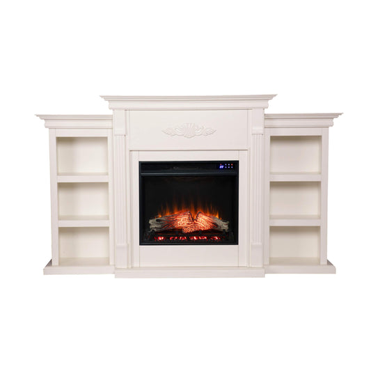 SEI Furniture - Tennyson Touch Screen Electric Fireplace with Book Shelves - Ivory - Transitional Design, Ivory Glass and Wood - Ideal for Living Room, Bedroom (FR8544)