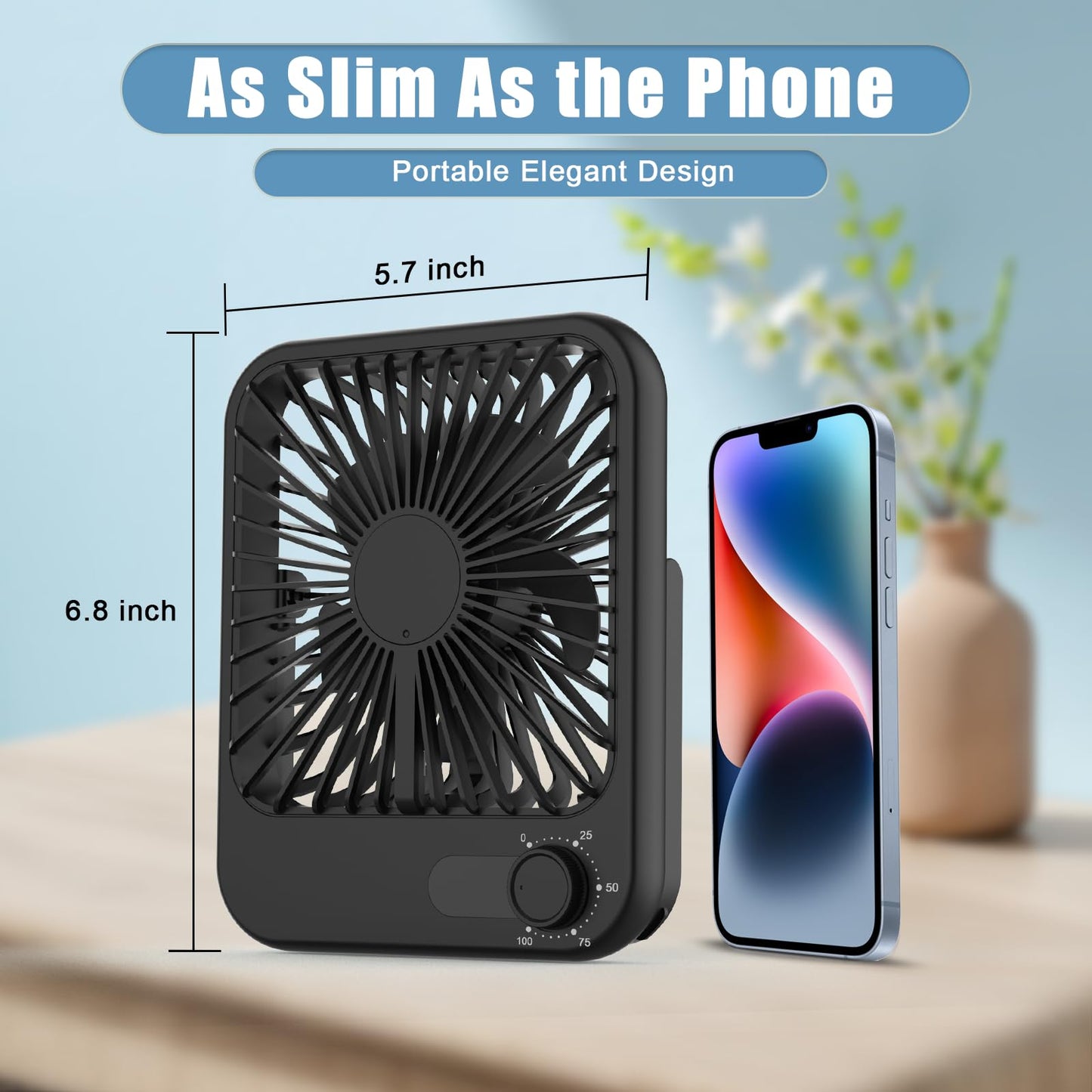 Cooperwin Small Desk Fan, 100 Speeds Personal Fan Portable Rechargeable with Battery Powered, 180°Tilt Adjustable Quiet Bedroom Fan, Home Beach Camping Travel Office Desk Accessories, Black