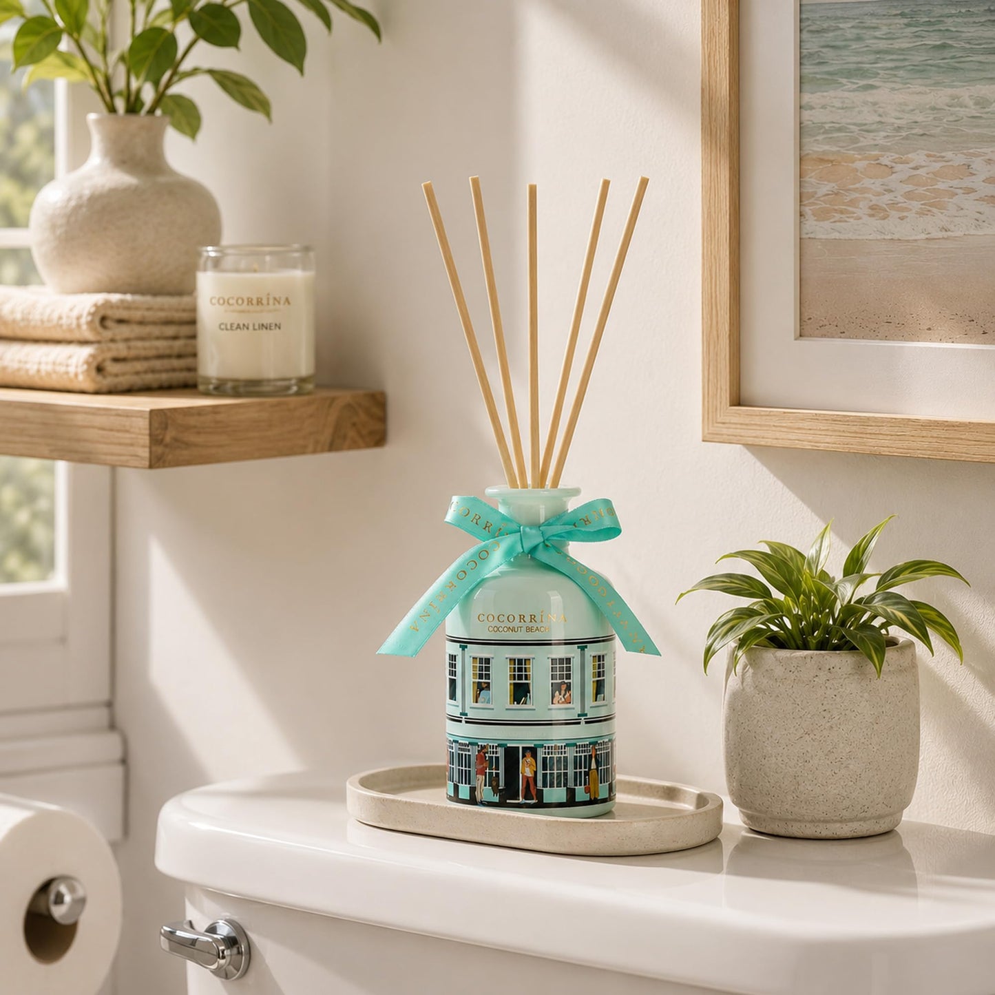COCORRÍNA Reed Diffuser - Coconut Beach 6.76 fl oz Reed Diffuser with 8 Sticks Home Fragrance Bathroom Shelf Decor (Festive House Collection)