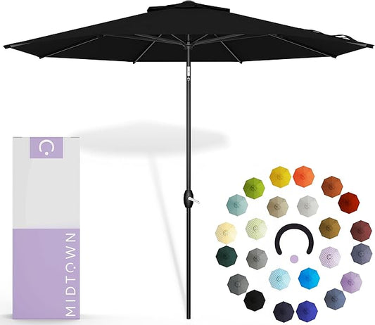 Midtown Umbrellas 10-Year-No-Fade - 8 Ft - UV Proof Ebony (Black) Polyester Fabric - Umbrella Outdoor Patio, Auto-Tilt Aluminum Frame Patio Umbrella for Garden, Pool & Deck - Black Pole