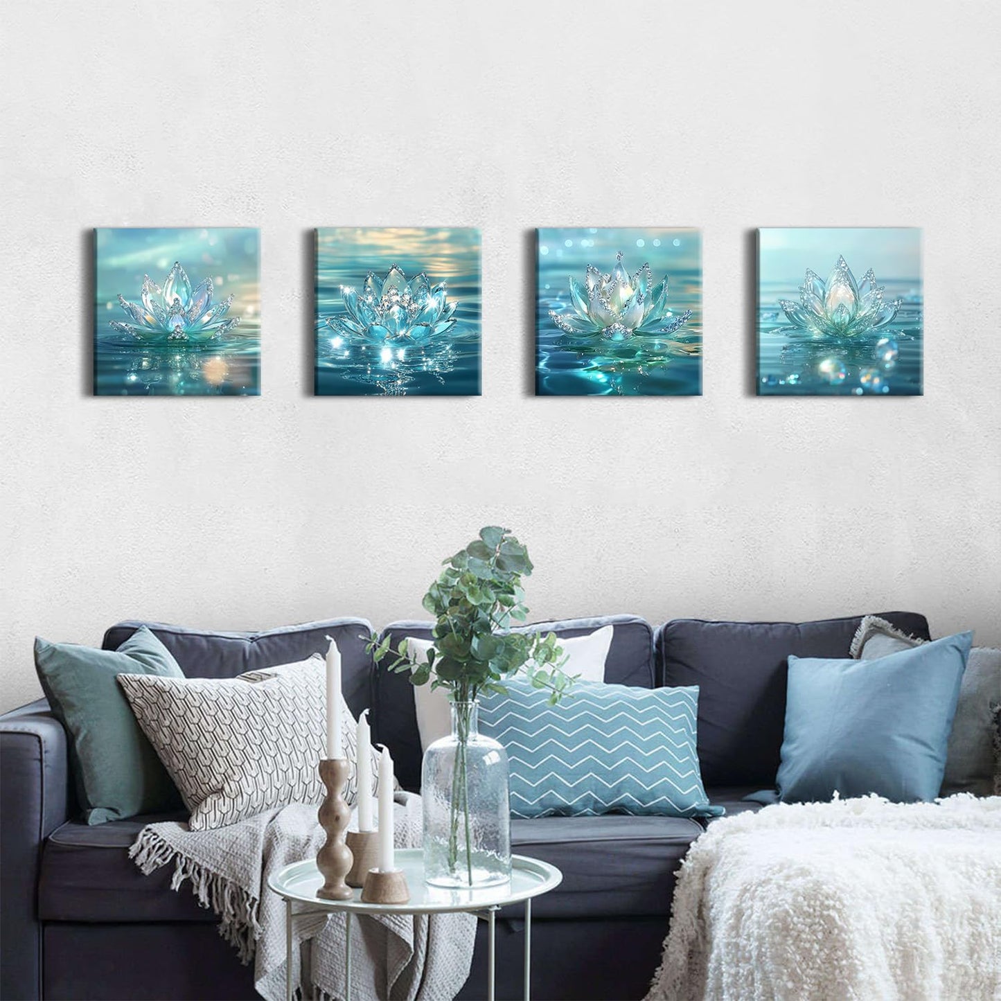 Lotus Flower Wall Art Teal Bathroom Wall Decor Zen Picture for Walls Canvas Prints Paintings Spiritual Meditation Wall Decor Turquoise Water Flowers Poster Yoga Room Artwork Decorations 12x12" 4Pcs