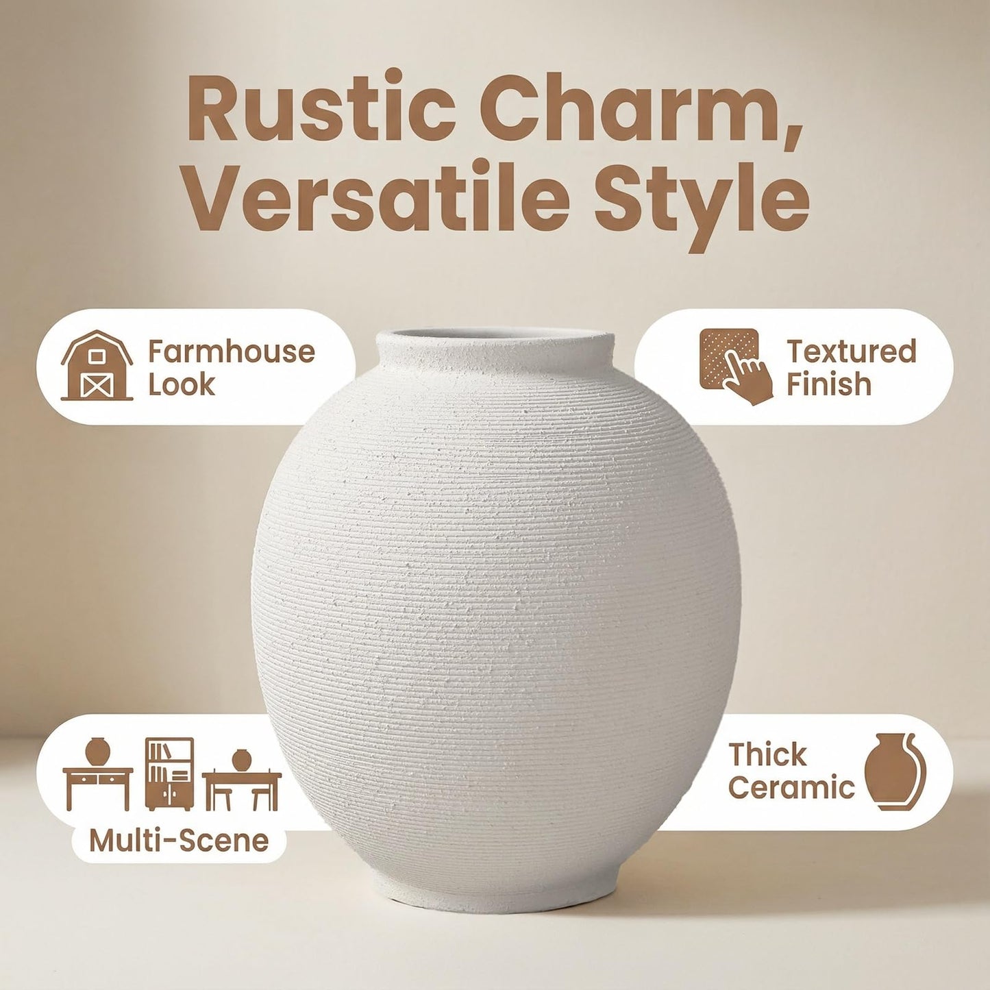 White Ceramic Vase, 9.8" Large, Round, Sandstone White