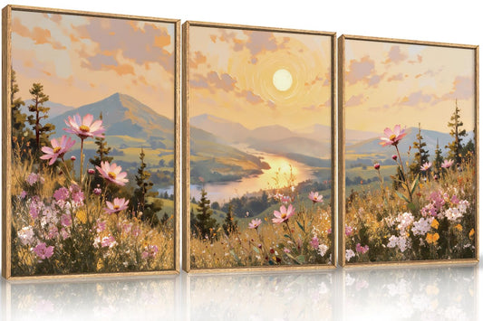 LHIUEM Large Boho Sunset Wildflower Framed Canvas Wall Art,Nature Pink Flower Wall Decor,Blossom Botanical Mountain Landscape Artwork for Living Room,Bedroom,Dining Room,Office -16"x24"x3