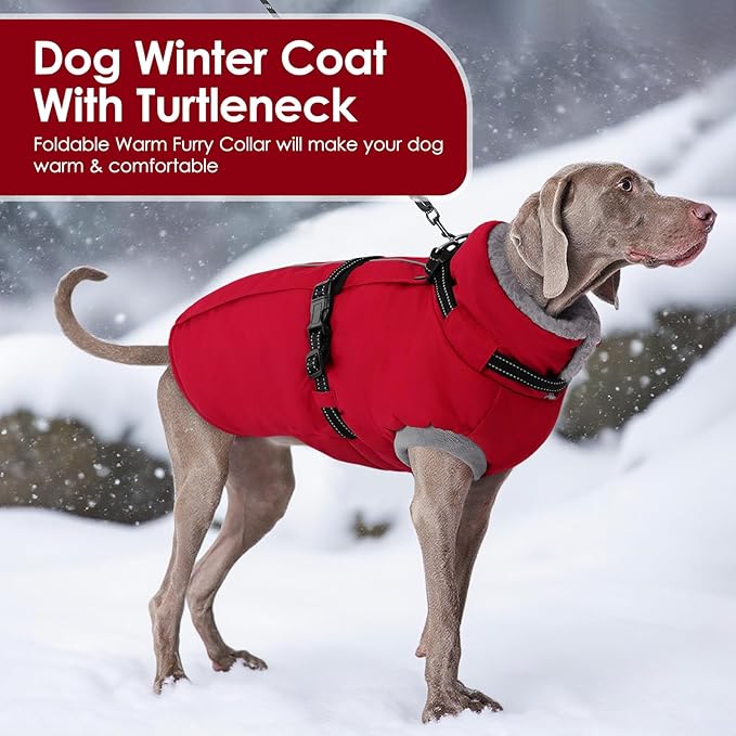 AOFITEE Dog Coat, Warm Dog Winter Jacket with Harness Built in, Waterproof Pet Snow Coat with Zipper on Back, Fleece Pet Sweater Puffer Jacket Snowsuit for Extra Large Dogs, Christmas Red XXXL