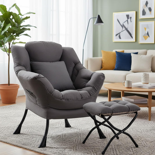 HomEastlly Lazy Chair with Ottoman, Large Accent Chair with Ottoman and a Throw Pillow, Dark Grey Reading Chair for Living Room Bedroom Dorm Room Office Apartment Relaxing Use