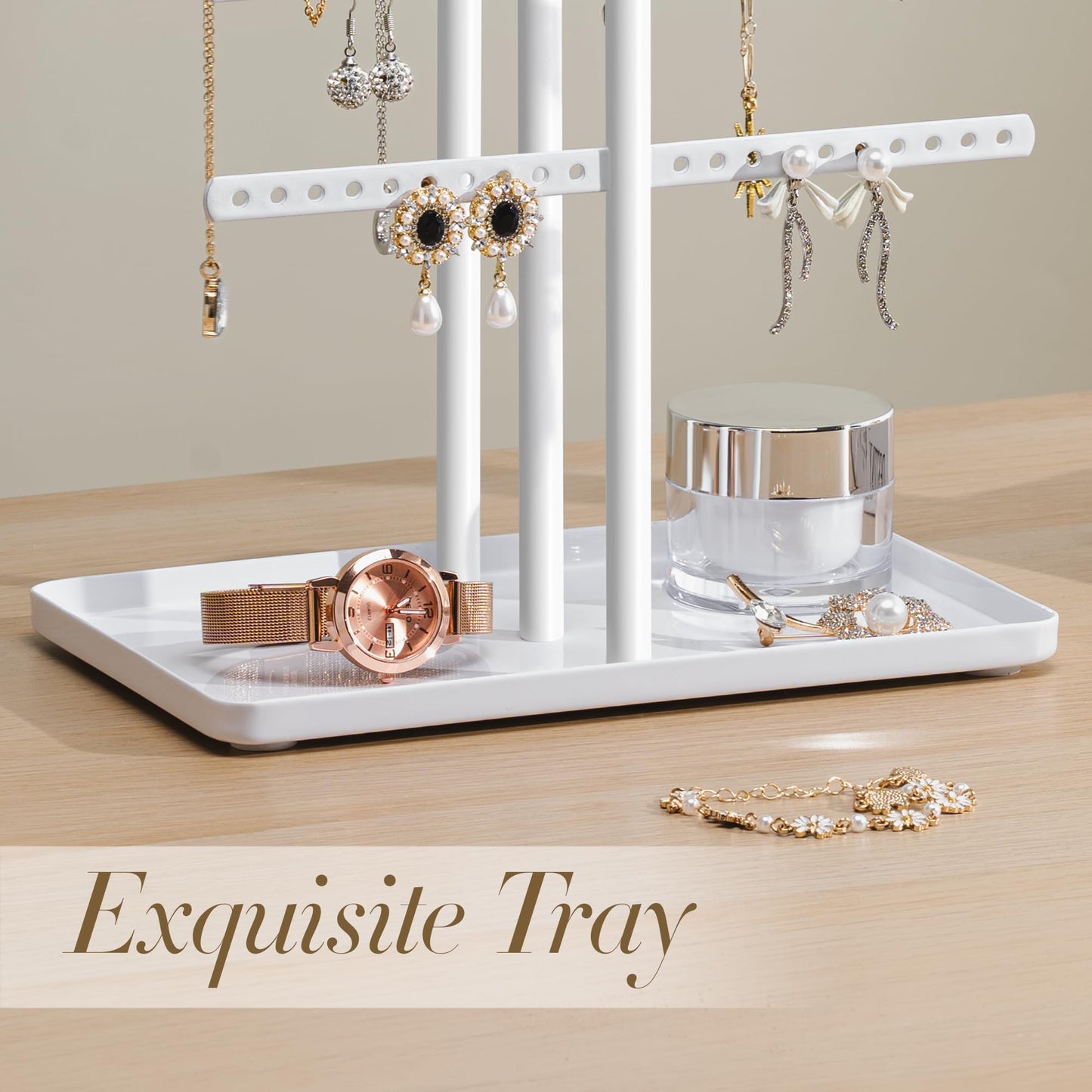 susswiff Jewelry Holder Organizer Stand - Adjustable Jewelry Tree 17.5" Height (Max), Jewlery Hanger for Necklaces, Bracelets, Earrings, Stainless, White