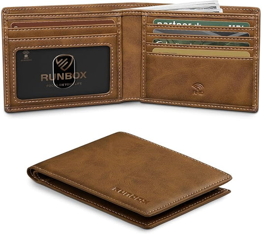 RUNBOX Wallet for Men Slim Leather Bifold RFID Blocking Minimalist Front Pocket Design with Gift Box