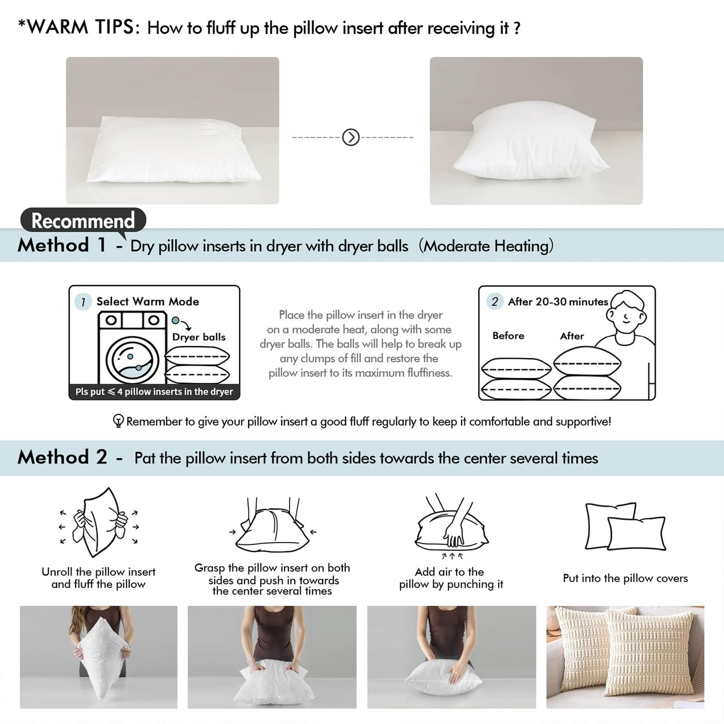 MIULEE Throw Pillows Inserts, Pack of 2 12x20 Inch 100% Virgin Fiber Filling Bed Couch Pillows
