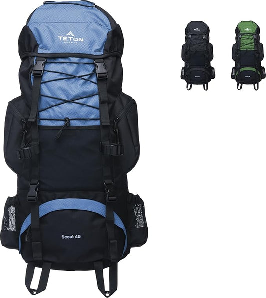 Teton 45L Scout Internal Frame Backpack for Hiking, Camping, Backpacking, Rain Cover Included, Bluejay