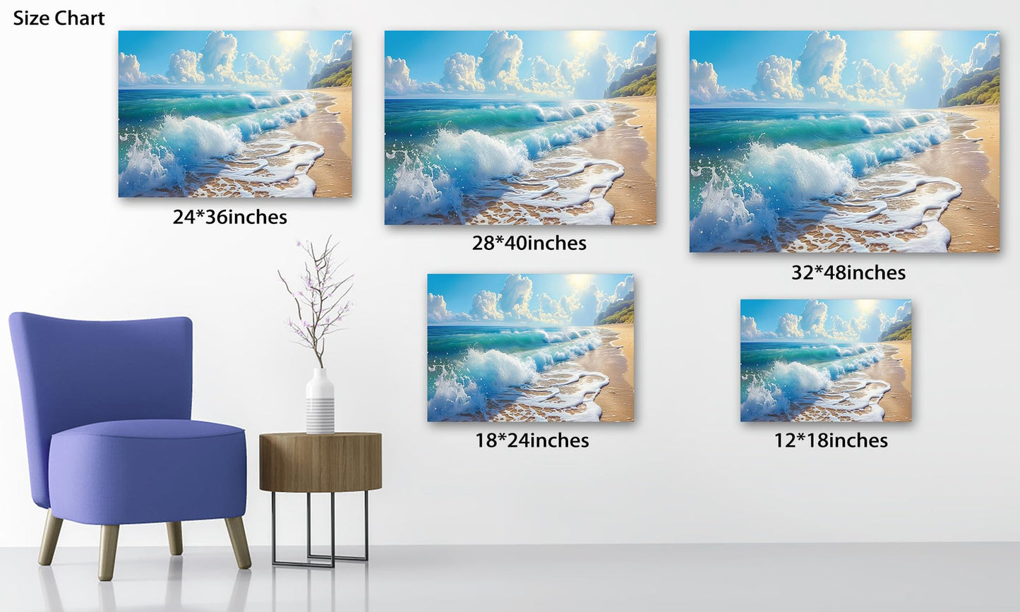 Bathroom Decor Wall Art, Blue Beach Picture Ocean Theme Canvas Prints Wall Art, Modern Coastal Seascape Painting Framed Seaside Artwork, Sunny Beach Ocean Landscape for Home Bedroom Office 12x18 Inch