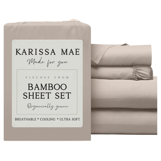 KARISSA MAE Luxury Bamboo Viscose Queen Size Sheet Set | 100% FSC Certified | Cooling | Luxuriously Soft | 18" Deep Pockets | with Organizer Band & Elastic Corner Straps [Dune]