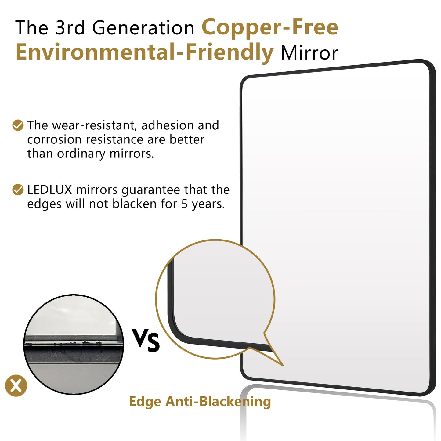 LEDLUX 30x30 Inch Matte Black Bathroom Mirror - Copper-Free Mirror, Metal Frame Vanity Rectangle Wall Mounted Modern Mirror for Bedroom/Living Room/Porch Horizontal or Vertical