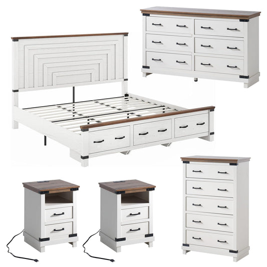 AMERLIFE 5-Piece Farmhouse Bedroom Set, Rustic Wood King Bed Frame with 51" Tall Headboard, 6-Drawer Dresser, 5-Drawer Tall Chest, Nightstands Set of 2 with Charging Station, White