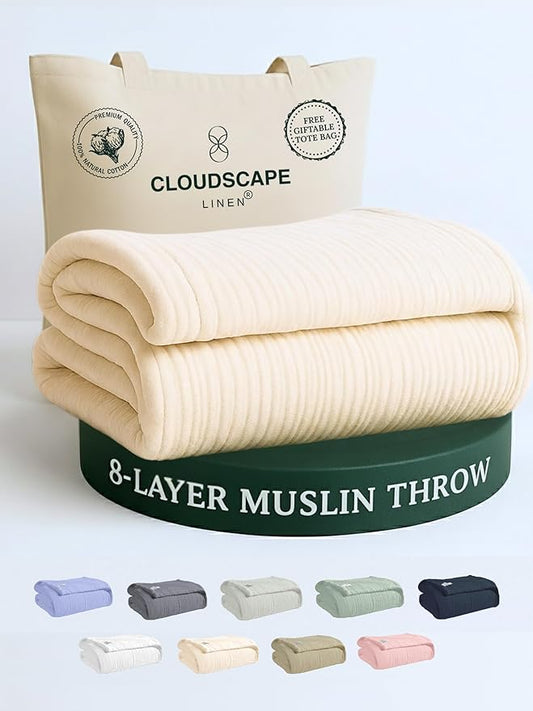 Cloud Scape Linen Extra Large 8 Layer Muslin Throw Blanket - 100% Cotton Gauze, Soft and Breathable, Winter Blanket for Couch, Sofa and Bed, Idea, 50x70, Ivory