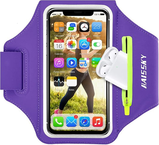 Cell Phone Running Armband with Airpods Zipper Pocket Armband Case Running Holder for iPhone 16/15/ 14/13 / 12 /11Pro Max,Galaxy S20 S10,Sweatproof Arm Band with Card/Key Bag