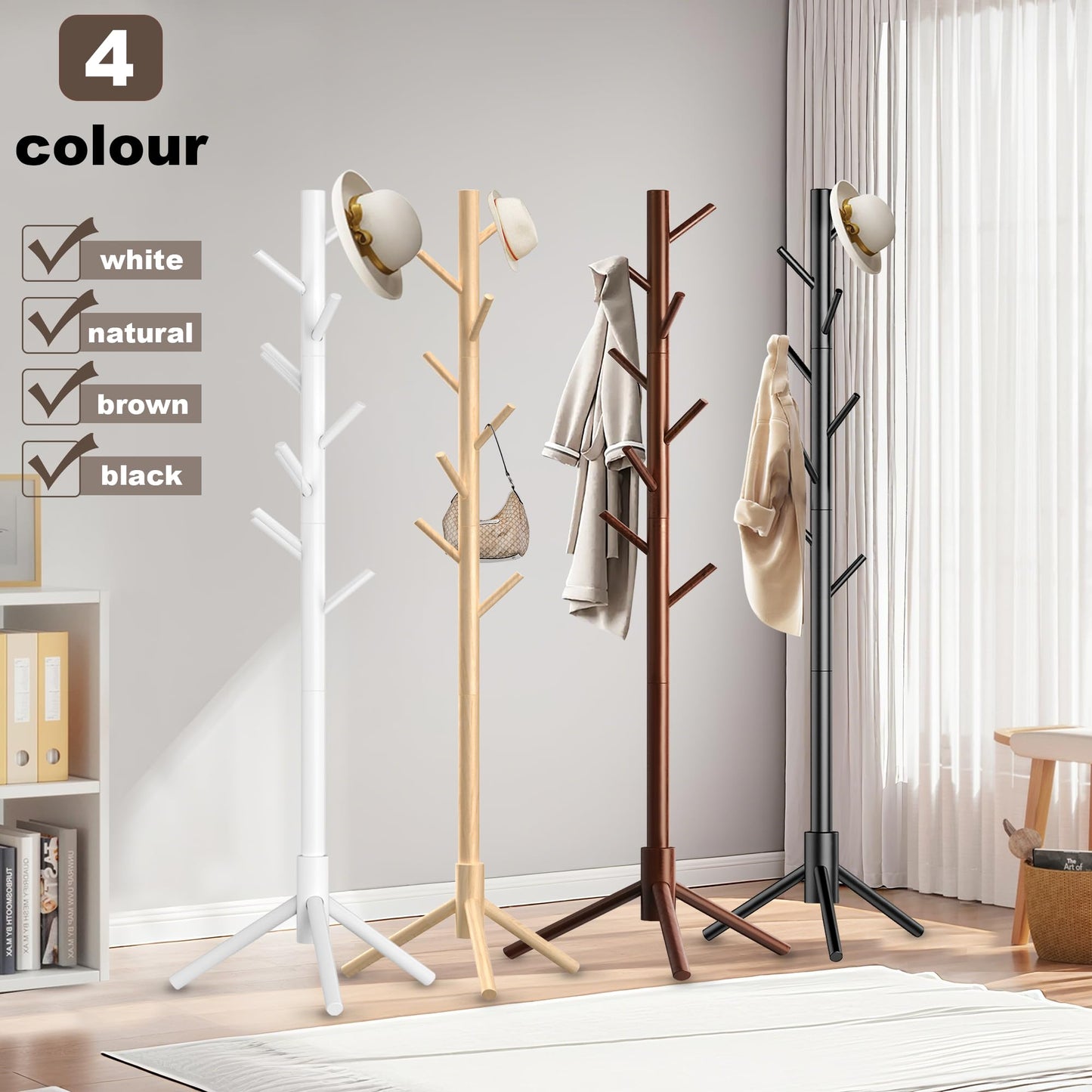 Aliphon Wooden Coat Rack Stand, Freestanding Coat Rack with 8 Hooks, 3 Adjustable Size Coat Tree for Hats, Coats, Scarves bags, Coat Hanger Stand Used in Bedroom/Office/Entryway (Natural)