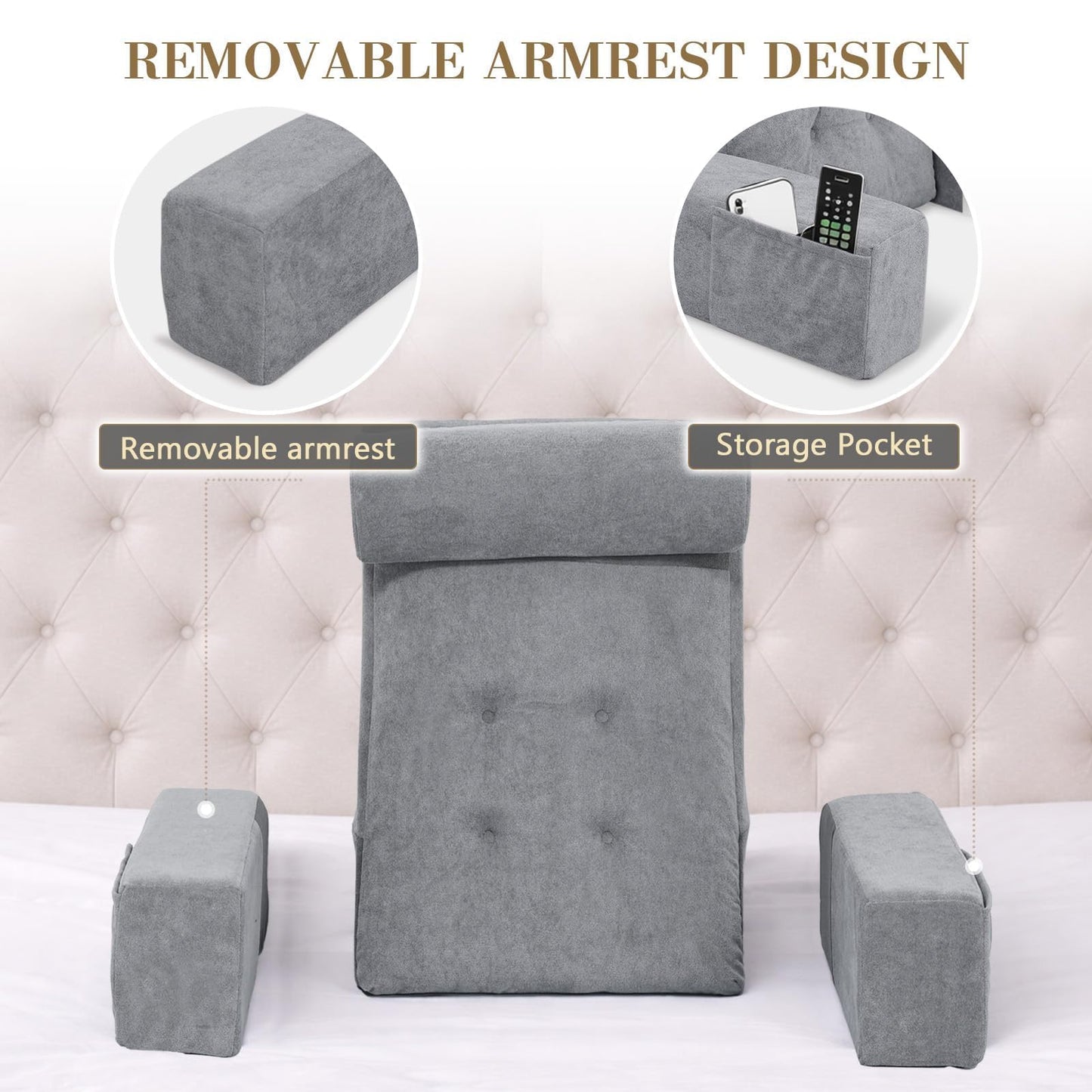 TANYOO Reading Pillow for Sitting Up in Bed Backrest Pillow with Armrests, Headrest and Side Pockets Dual Layer Back Support for Bed and Sofa Ideal for Adults Watching TV, Gaming, Recovery Dark Grey