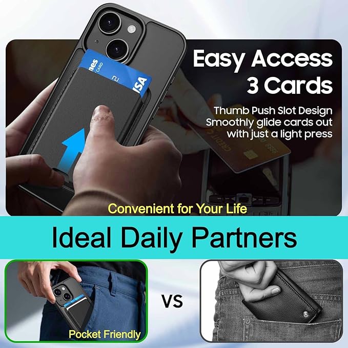Ntwinro Magnetic for iPhone 13 & iPhone 14 Case (Compatible with MagSafe) with Detachable Wallet & Card Holder for 3 Cards [RFID Blocking] Military Grade Protective Slim Phone Cover, Black