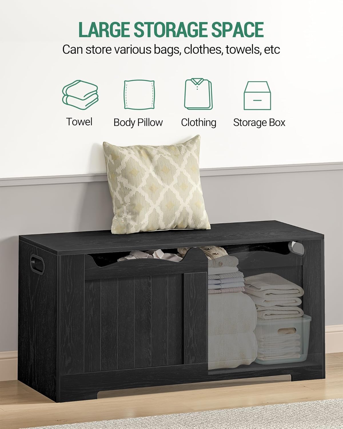 Hzuaneri 43.3" Storage Chest, Extra Large Storage Bench Trunk with 2 Hinges, Wooden Box, Lift-Top Chest Organizer, Shoe Bench for Entryway, Bedroom, Living Room, Black SB25504X