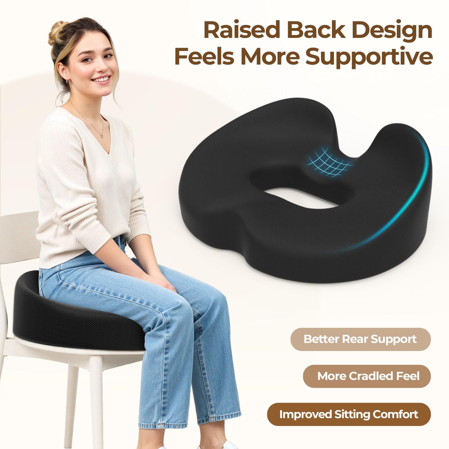 TushGuard Ergonomic Donut Pillow Seat Cushion with Raised Rear Support, Large Memory Foam Lifting Cushions for Tailbone, Hemorrhoids & Sciatica Relief, Office Chair, Car, Travel, Postpartum, Black