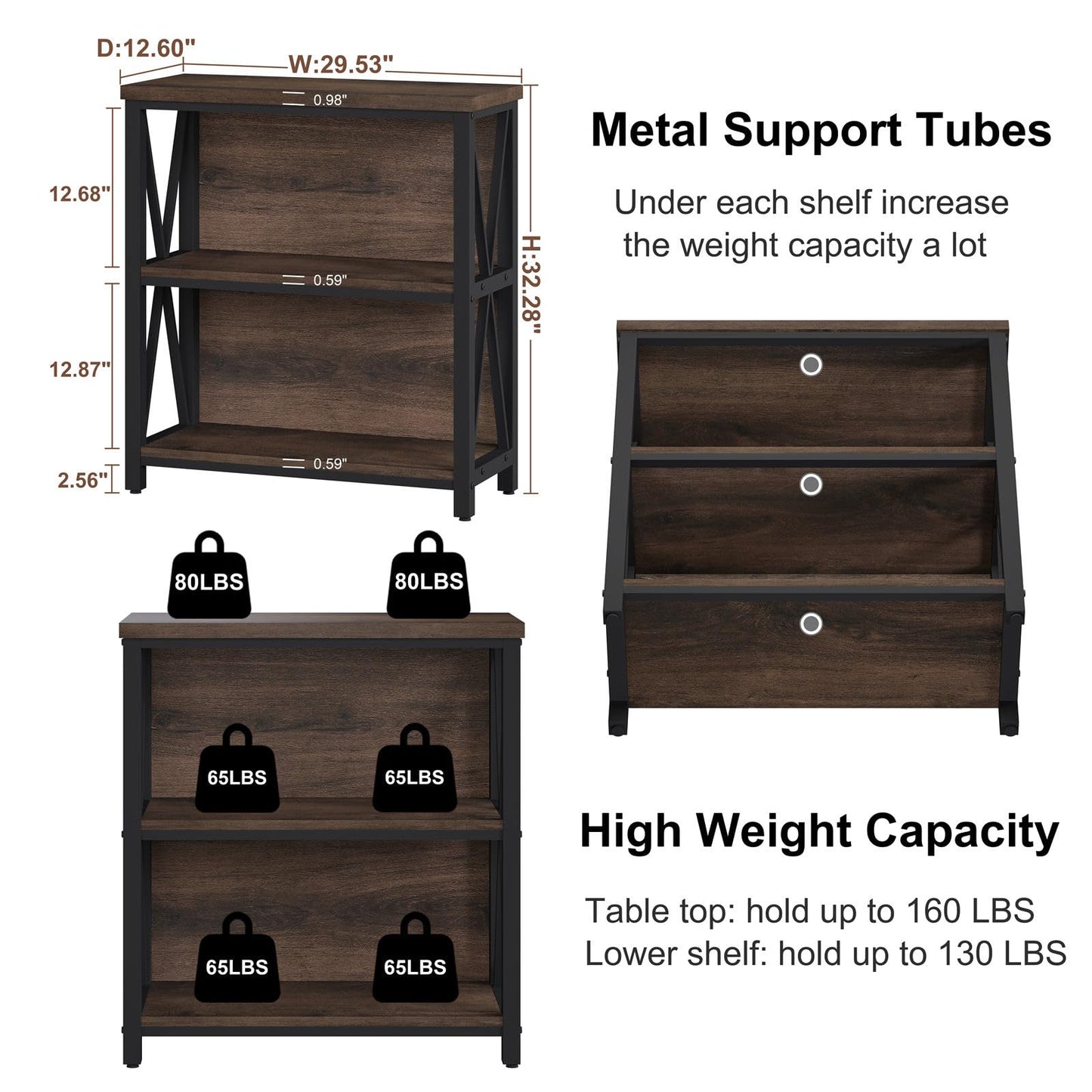 FATORRI Small Bookshelf, Rustic Book Shelf for Small Space, Low Short Bookcase, Industrial Wood and Metal Bookshelf and Bookcase for Living Room (Rustic Brown)