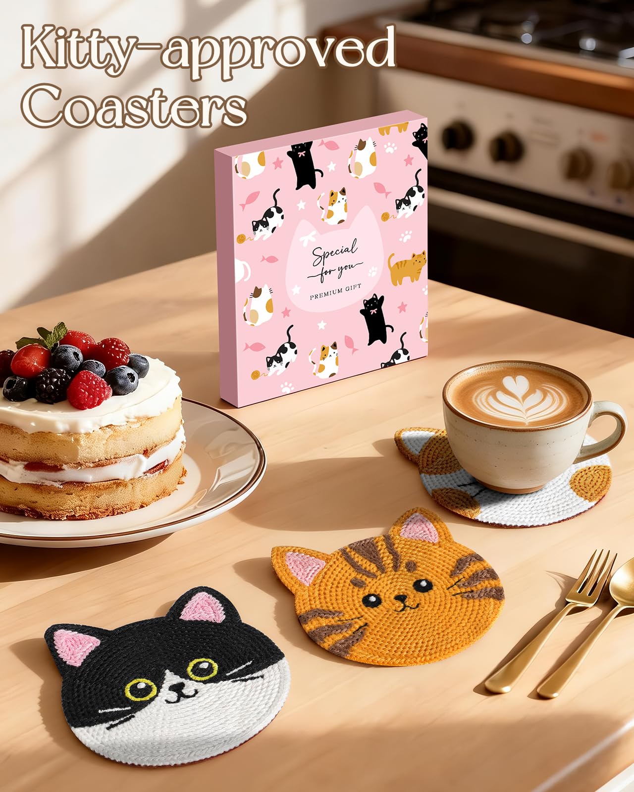 Slohif Cute Woven Drink Coasters Funny Gifts for Home Desk Coffee Table-Creative Cat Face Crochet Decor Gift Office Cup Coaster Accessories for Women Family (3pcs)