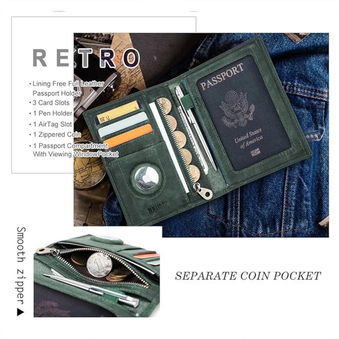CONTACTS Full Grain Leather Airtag Passport Holder RFID Blocking Travel Passport Wallet Slim Passport Cover Case with 4 Card Slots, Coin Pocket (Badge, Green)