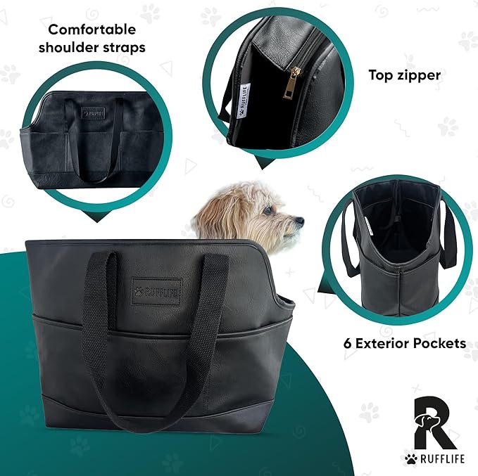 Faux Leather Dog Carrier for Small Dogs, Water-Resistant Designer Dog Purse with Safety Harness, Fashion Pet Carrier for Dogs 5-15 lbs, Luxury Dog Shoulder Carrier, Woven Black
