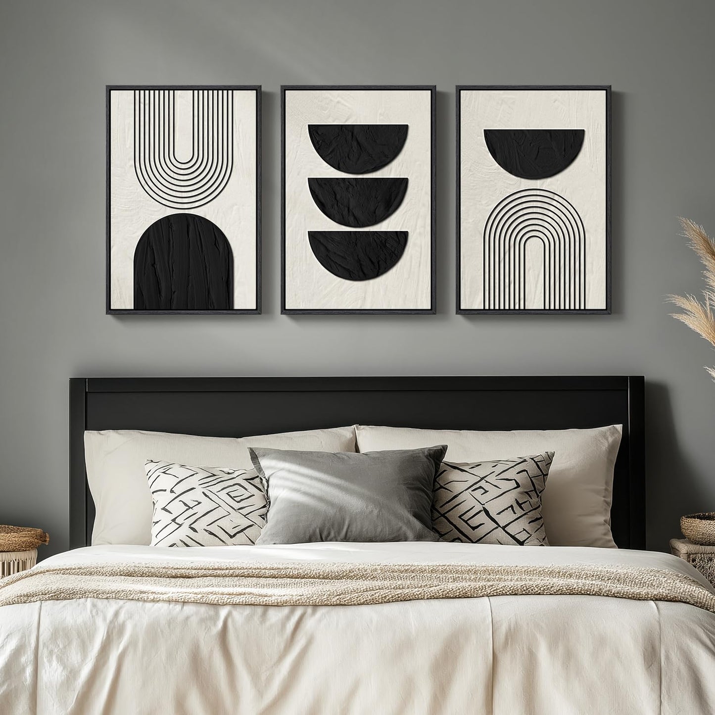 Framed Boho Black and White Abstract Wall Art, 3 Piece Modern Beige Canvas Prints Paintings Artwork for Walls, Black Geometric Pictures for Living Room Bedroom Hallway Office Wall Decor 16x24 In