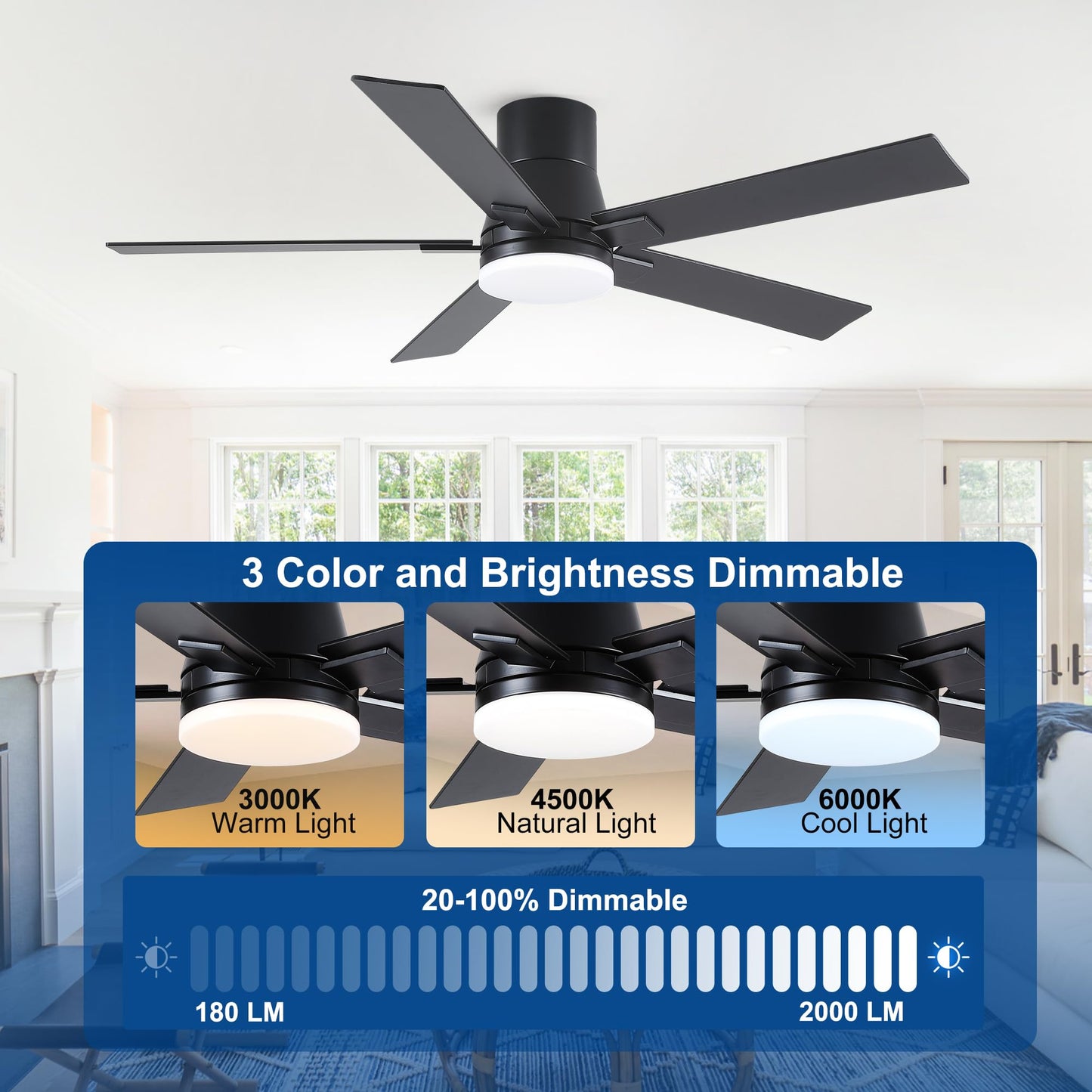 52 Inch Ceiling Fans with Lights and Remote,Flush Mount Black Ceiling Fan with 5 Blades,6 Speed Reversible DC Motor,3CCT Dimmable LED-Low Profile Design for Bedroom, Living room & Covered Outdoor