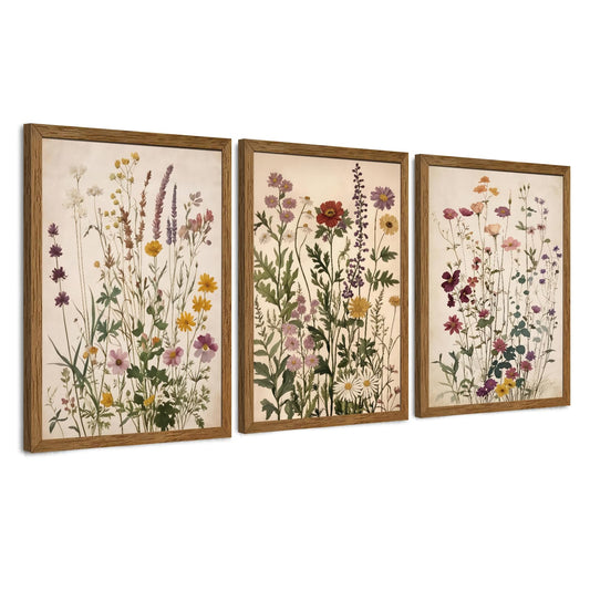 AVECCO Vintage Color Wildflower Canvas 3 Pieces Wall Art, Nature Floral Artwork Wall Decor, Botanical Art Prints for Bedroom Living Room Office Home Decoration Ready to Hang 12x16 Inch Wood Framed