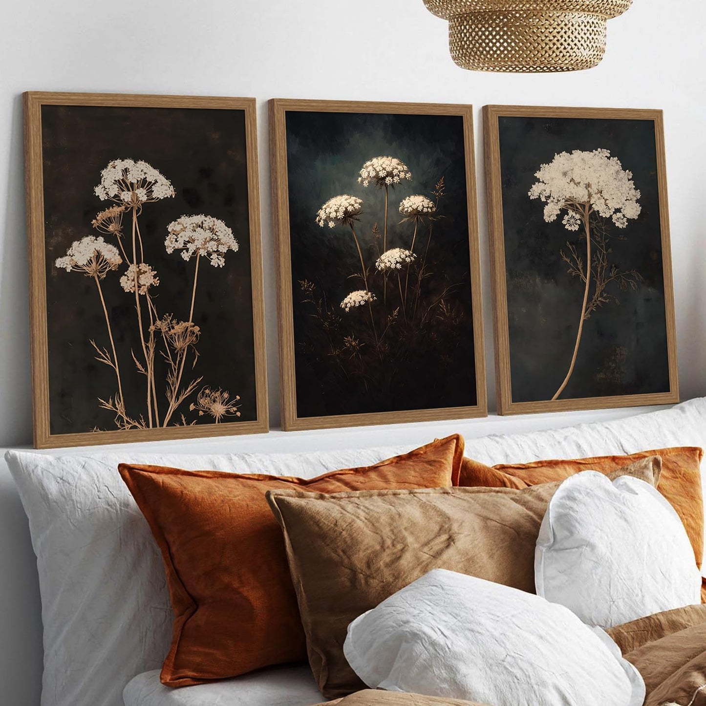 3Pcs Framed Moody Botanical Black Dark Flower Canvas Wall Art Set Elegant White Queen Anne’s Lace Flower Prints, Botanical Painting for Living Room, Bedroom, Office, Home Decor 12x16in