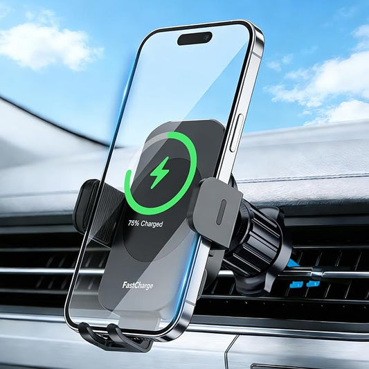 Car Phone Holder, MOYAC Wireless Auto-Clamping Car Mount with Metal Hook Clip, 360° Rotation, One Button Quick Release, Air Vent Cell Phone Car Mount for iPhone/Galaxy/Google/LG and All Smartphone,15W