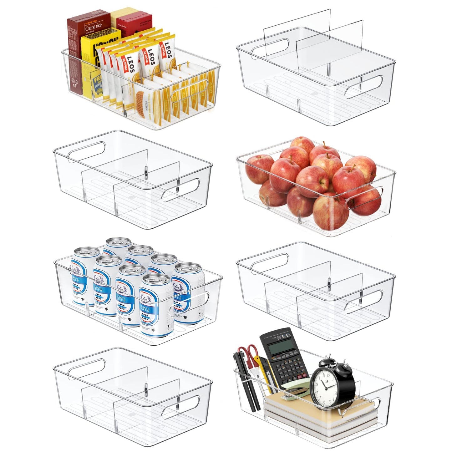 Mpotmiy Pantry Organizers and Storage , 8 Pack Snack Organizer for Pantry Shelf,Food Storage Bins with Divider,Clear Containers for Organizing,Transparent Plastic Basket,Refrigerator and Fridge Bins