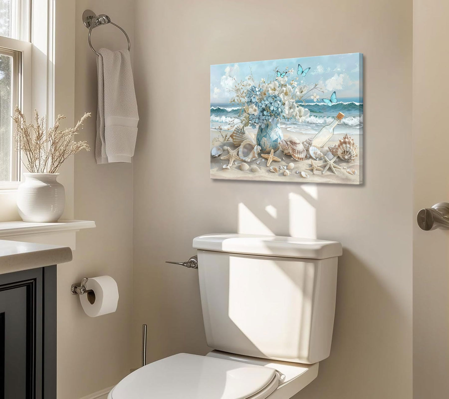 Framed Blue Ocean Beach Canvas Wall Art Seaside Seashell Painting Picture Wall Decor Starfish White Floral Vase Poster Print Artwork for Living Room Bedroom Bathroom Home Decoration 12×16in
