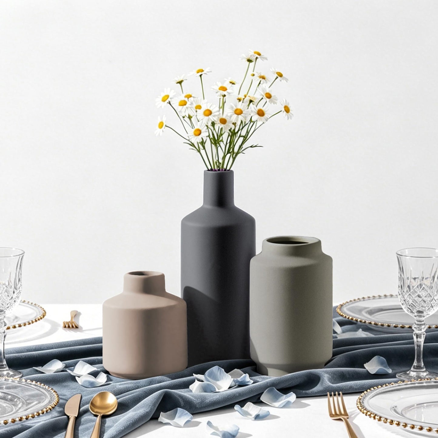 Ceramic Vase Set of 3, Modern Farmhouse Boho Table Centerpiece Vases, Small Flower Pottery for Coffee Bar Shelf Bookshelf Living Room Kitchen Decor, Rustic Home Decor Accents