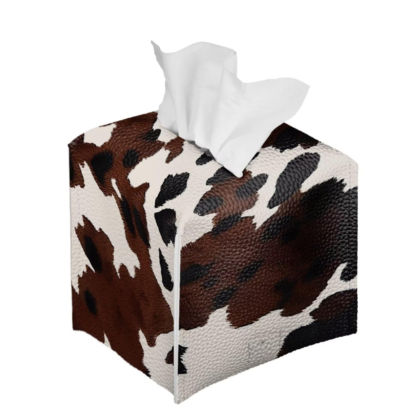 Pzuqiu Cowhide Print Tissue Box Cover Modern Square Tissue Box Organizer Decorative PU Leather Facial Paper Holder for Bathroom Vanity Countertop Bedroom Dresser Office Desk