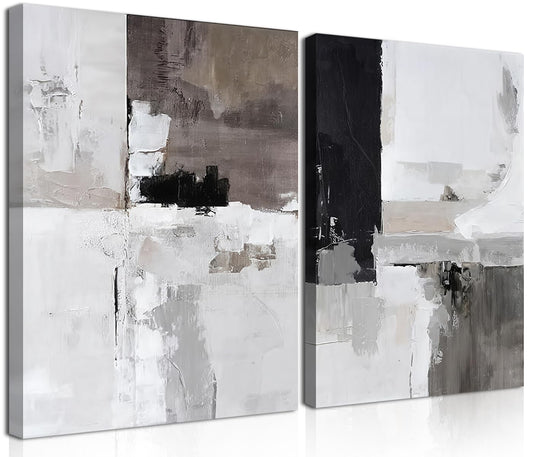 Framed Modern Abstract Wall Art Set of 2, Black White Neutral Minimalist Canvas Prints, Contemporary Industrial Artwork, Light Luxury Wall Decor for Living Room Bedroom Office, 16x24in