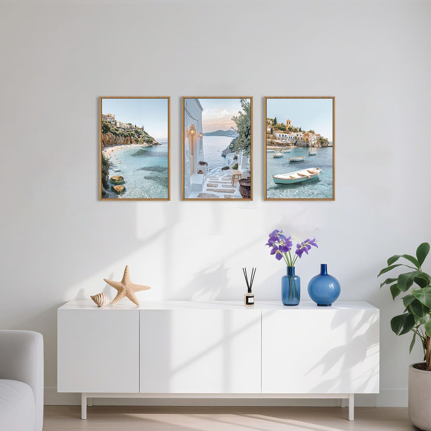 Aryroi Greek Island Coastal Framed Canvas Wall Art Set,Modern Mediterranean Whitewashed Architecture Scenery Wall Decor,Natural Blue Beach Boat Landscape Artwork for Living Room,Farmhouse- 24"x36"x3