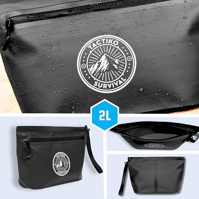 Tactiko 3L Water Resistant Pouch - Waterproof Material w/Splashproof Zipper - Hold All Zipper Bag for Storage, Toiletries, Travel, Beach, Cruise, Home (Black)